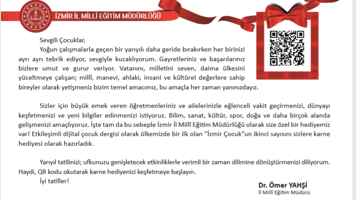 İl Milli Eğitim Müdürümüz Dr. Ömer YAHŞİ'nin Yarıyıl Tatil Mesajı